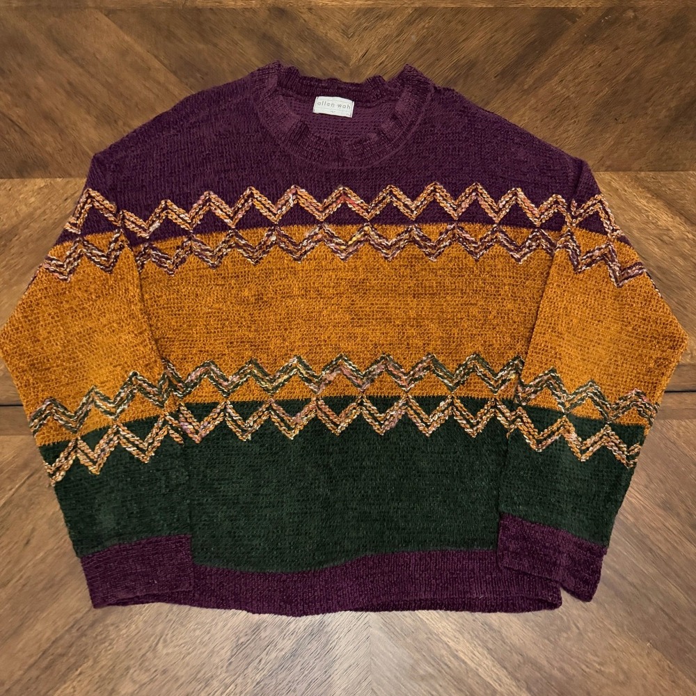 Allen Wah Vintage Chenille Sweater Purple Yellow Green Chevron Zig Zag Large